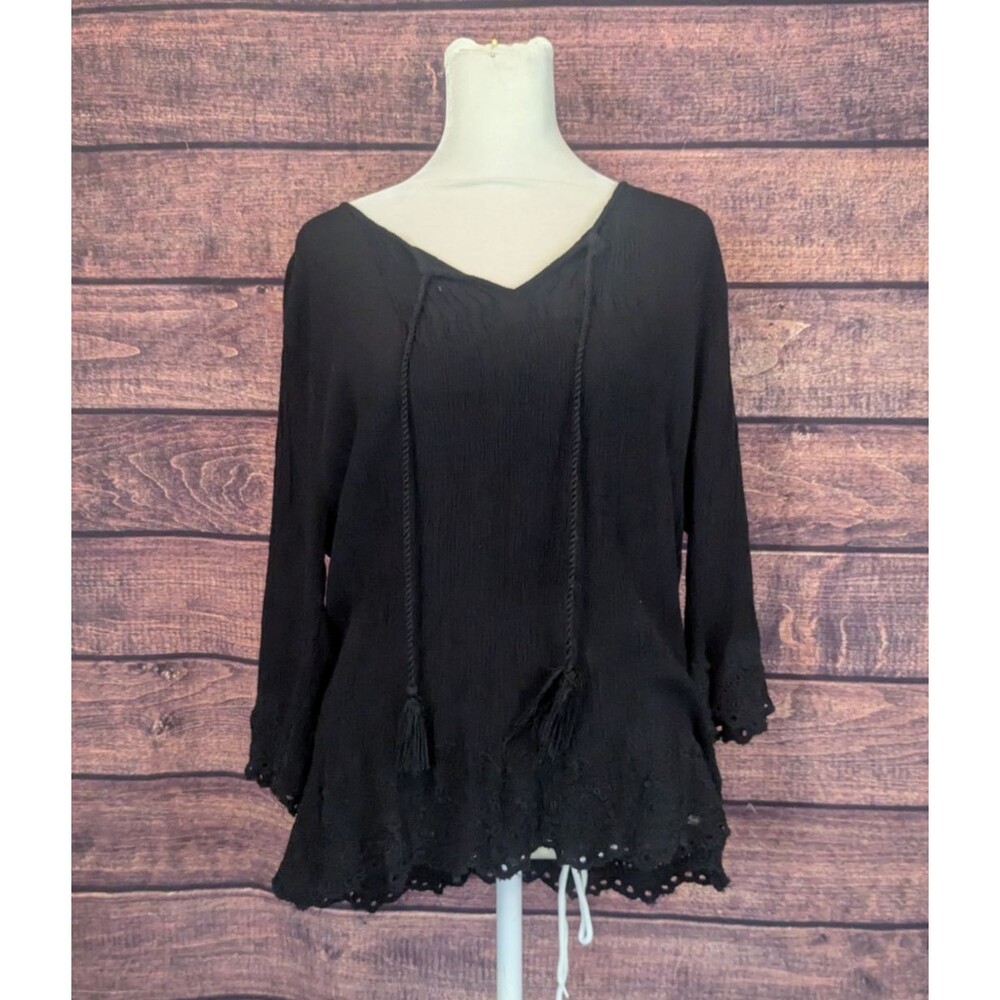 Superdry Festival Fringe Black Long Sleeve Eyelet trim shirt Size L Whimsy Witch